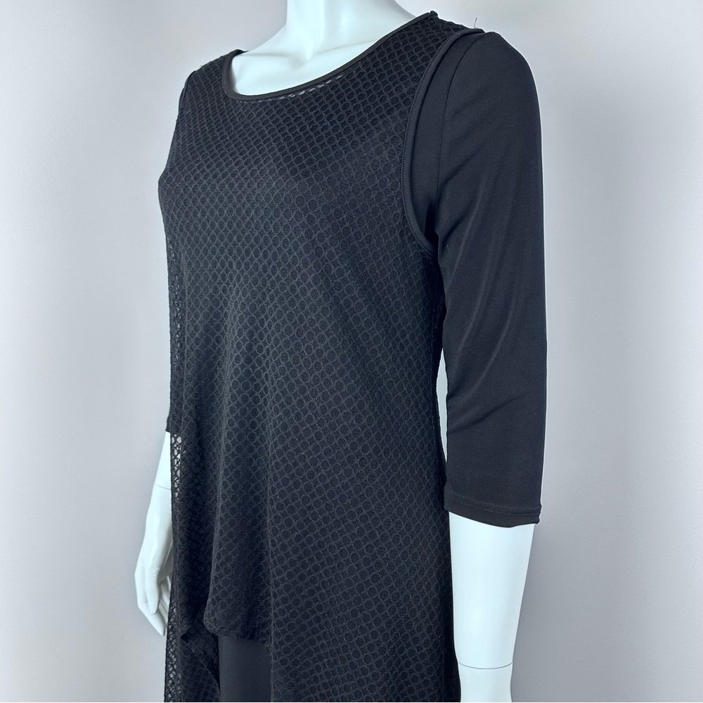 Simon Chang Black Mesh High-Low Dress Medium with Three-Quarter Sleeves - Picture 2 of 10